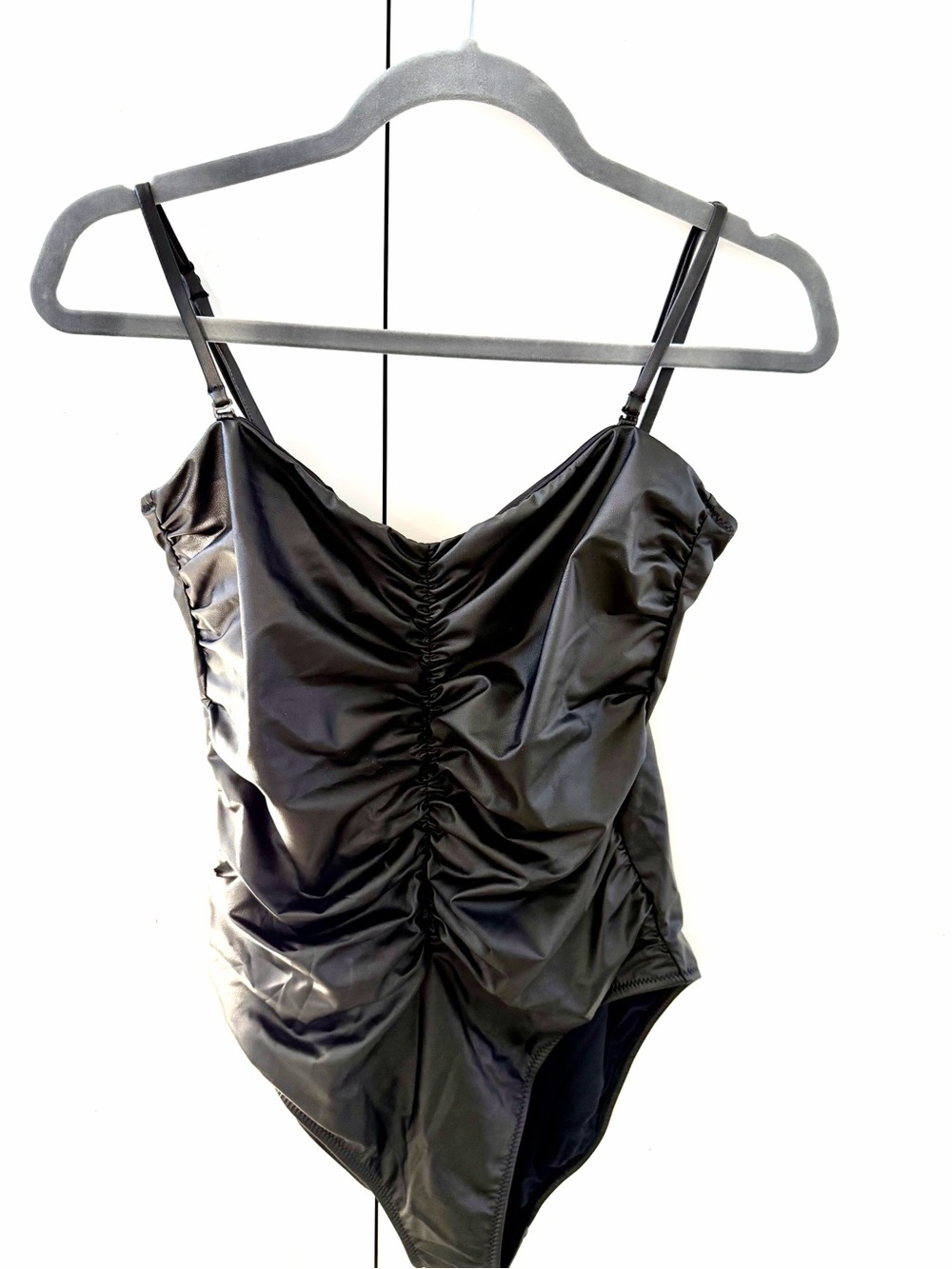 L'AGENCE Black Ruched Faux Leather One-Piece Swimsuit
